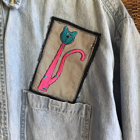 Upcycled Denim Cat Shirt (Size L): Kitty Graphics, Patchwork Festival Jacket - Picture 5 of 9
